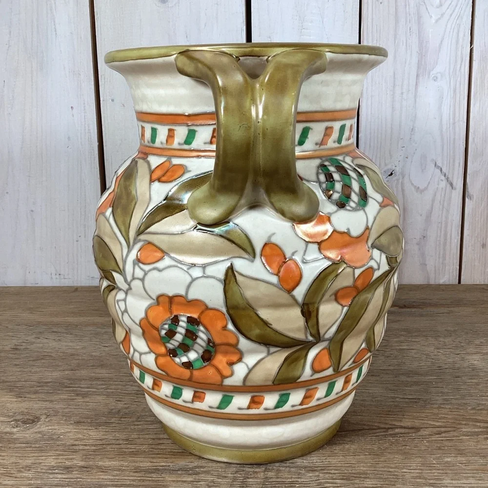 Charlotte Rhead Crown Ducal Pottery Twin Handled Vase Persian Rose Patte…